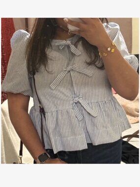 Women's Short Puff Sleeve Striped tie front blouse